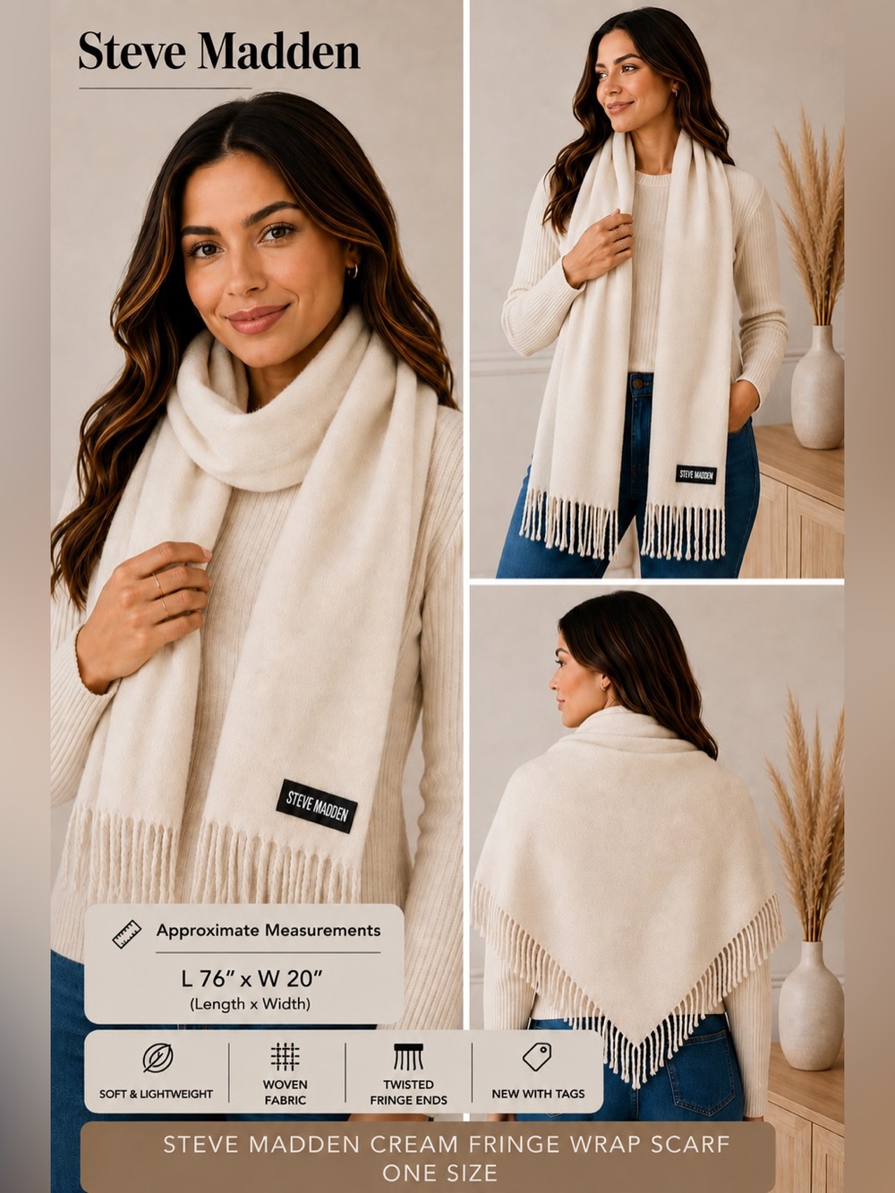 Steve Madden Cream Fringe Wrap Scarf NEW One Size